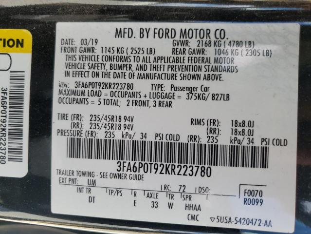 2019 FORD FUSION SE - 3FA6P0T92KR223780