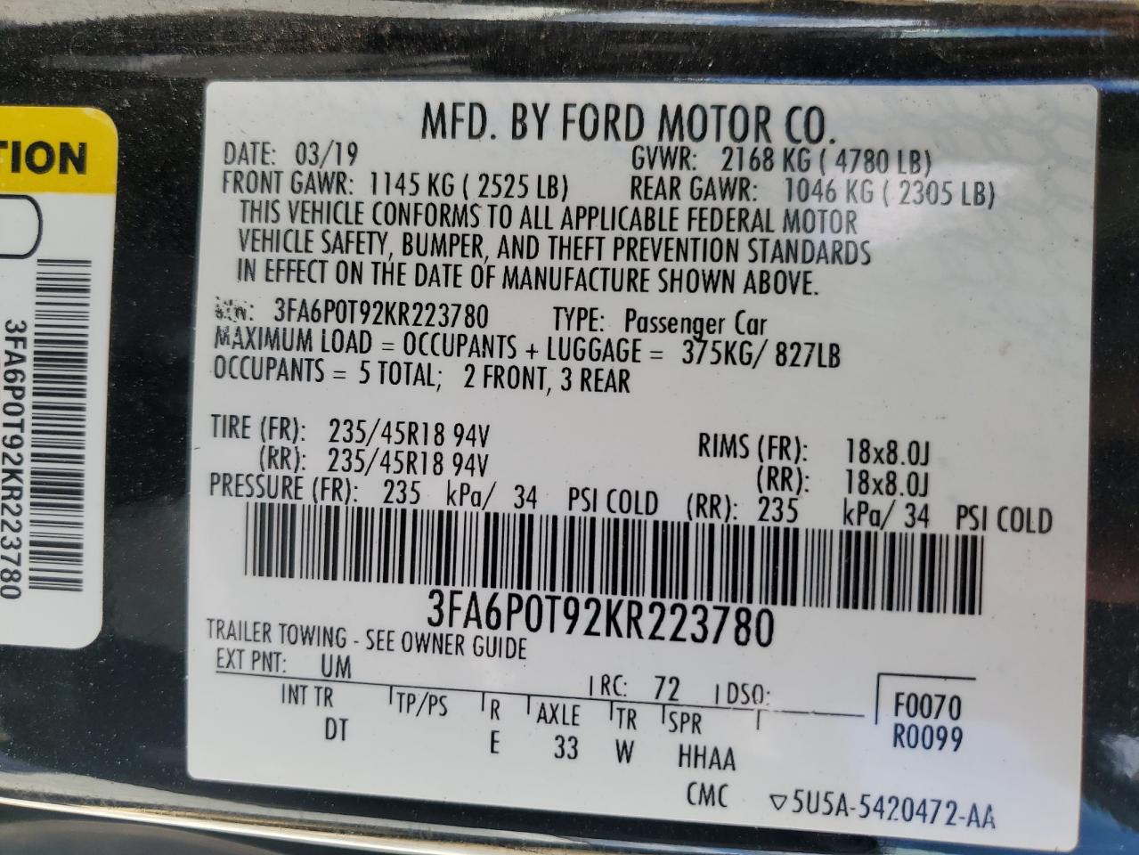 Lot #2945647169 2019 FORD FUSION SE