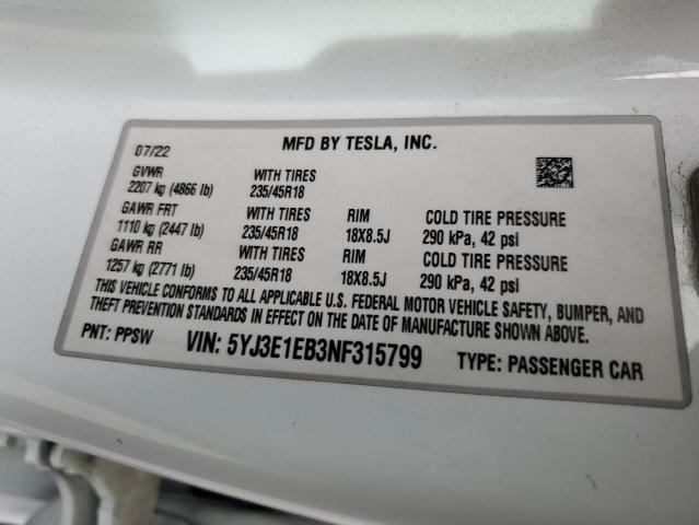 2022 TESLA MODEL 3 - 5YJ3E1EB3NF315799