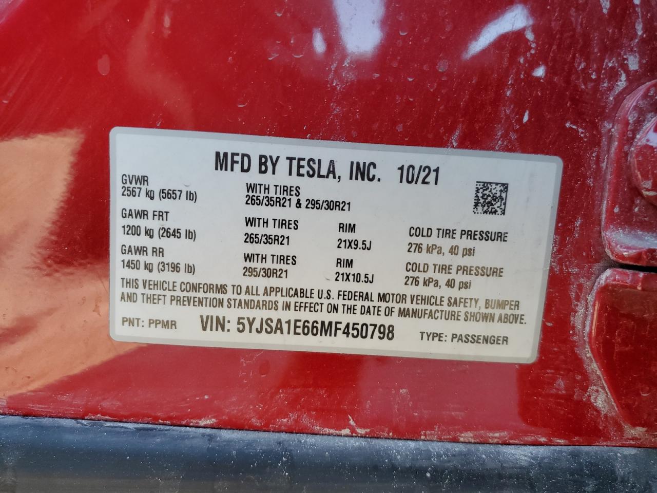 Lot #2928361789 2021 TESLA MODEL S