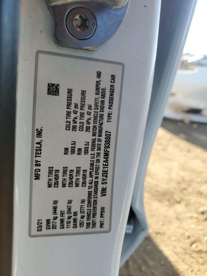 Lot #2991587006 2021 TESLA MODEL 3