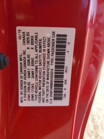2HGFC4B8XKH305016 2019 HONDA CIVIC