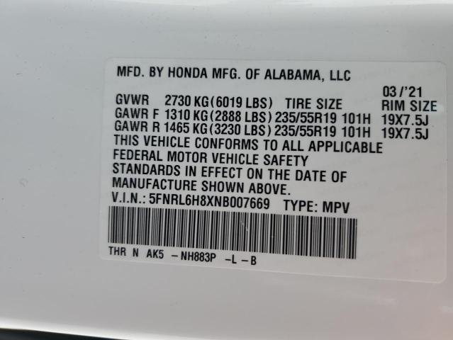 VIN 5FNRL6H8XNB007669 2022 Honda Odyssey, Touring no.14