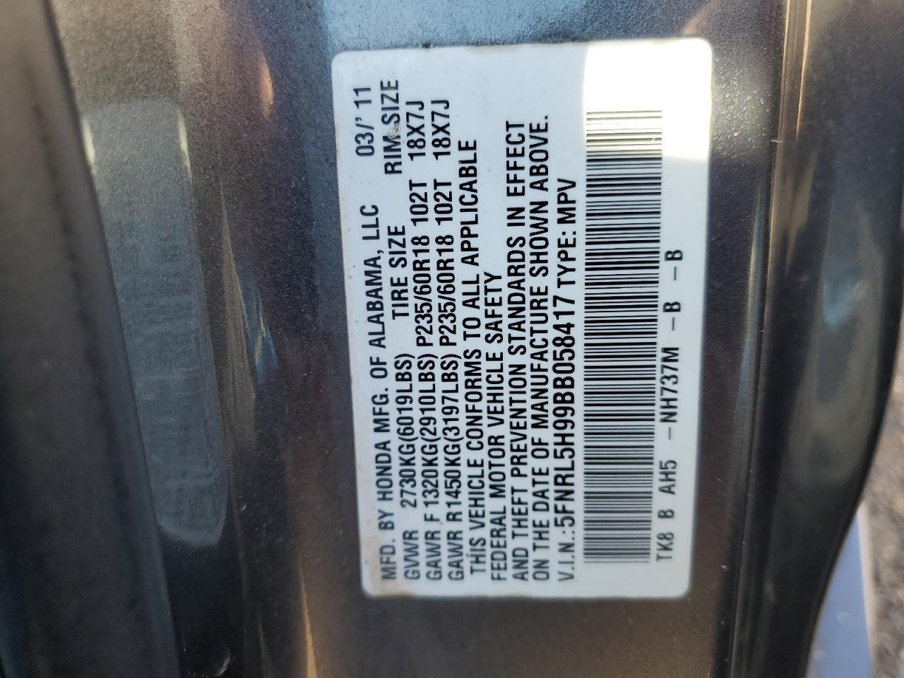 Lot #2945635149 2011 HONDA ODYSSEY TO