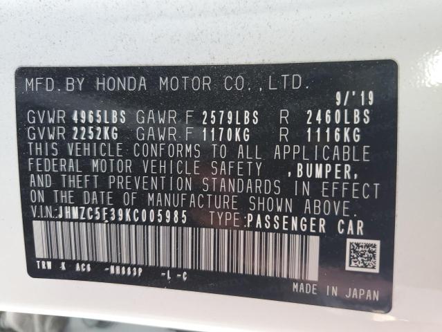 2019 HONDA CLARITY TO - JHMZC5F39KC005985