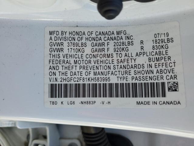2HGFC2F81KH583995 2019 HONDA CIVIC