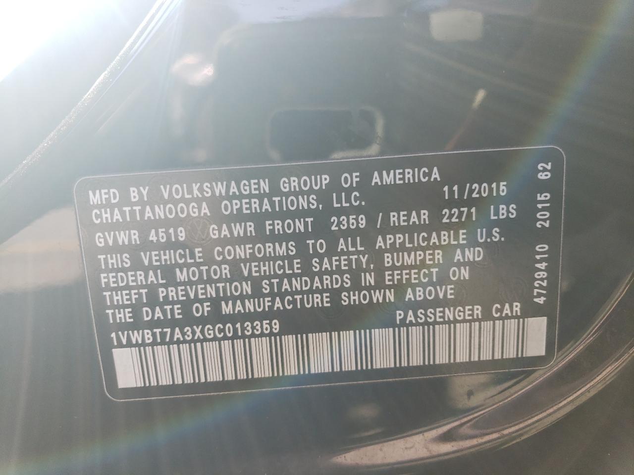 Lot #2962243012 2016 VOLKSWAGEN PASSAT SE