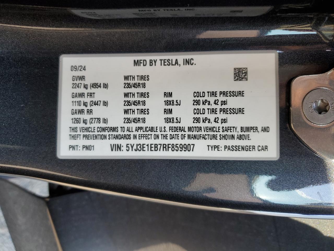 Lot #2988935626 2024 TESLA MODEL 3