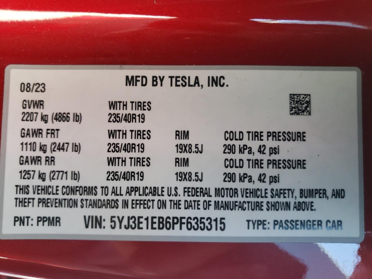 Lot #2926559343 2023 TESLA MODEL 3