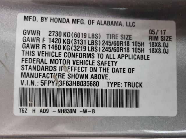 2017 HONDA RIDGELINE - 5FPYK3F63HB035680