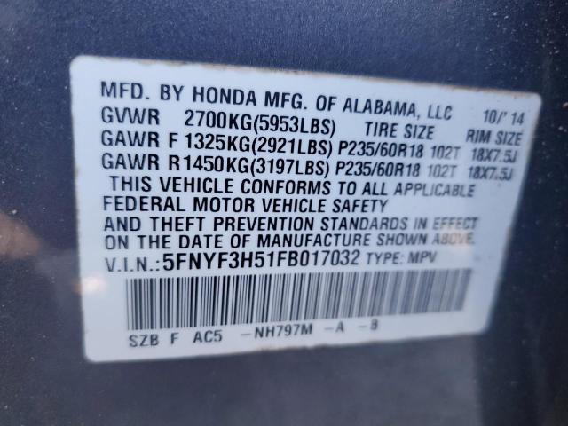 2015 HONDA PILOT EXL - 5FNYF3H51FB017032