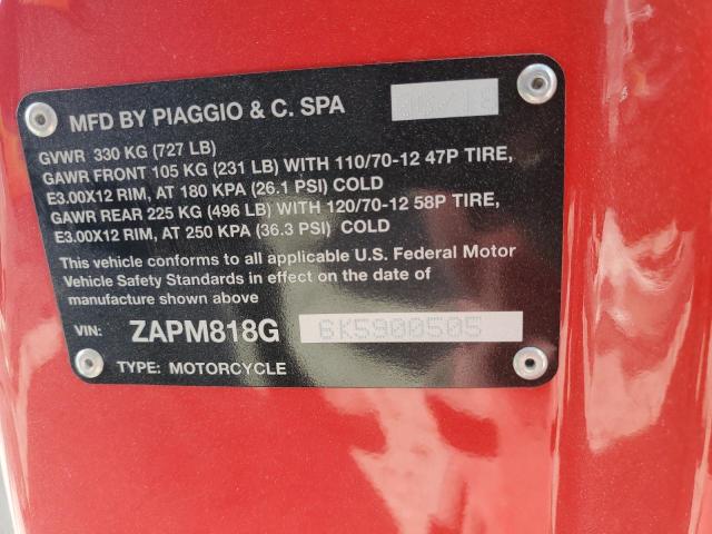 2019 VESPA SCOOTER ZAPM818G6K5900505