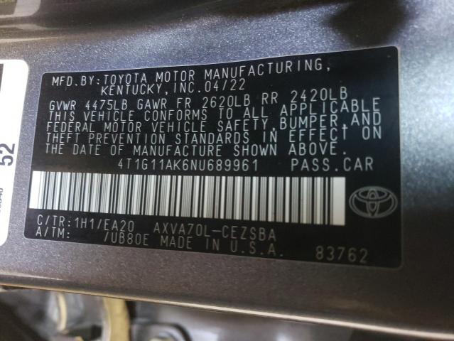 VIN 4T1G11AK6NU689961 2022 Toyota Camry, SE no.12