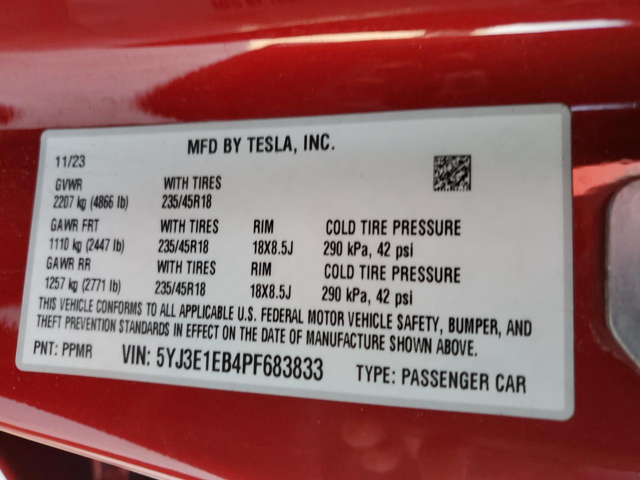 Lot #3024710566 2023 TESLA MODEL 3