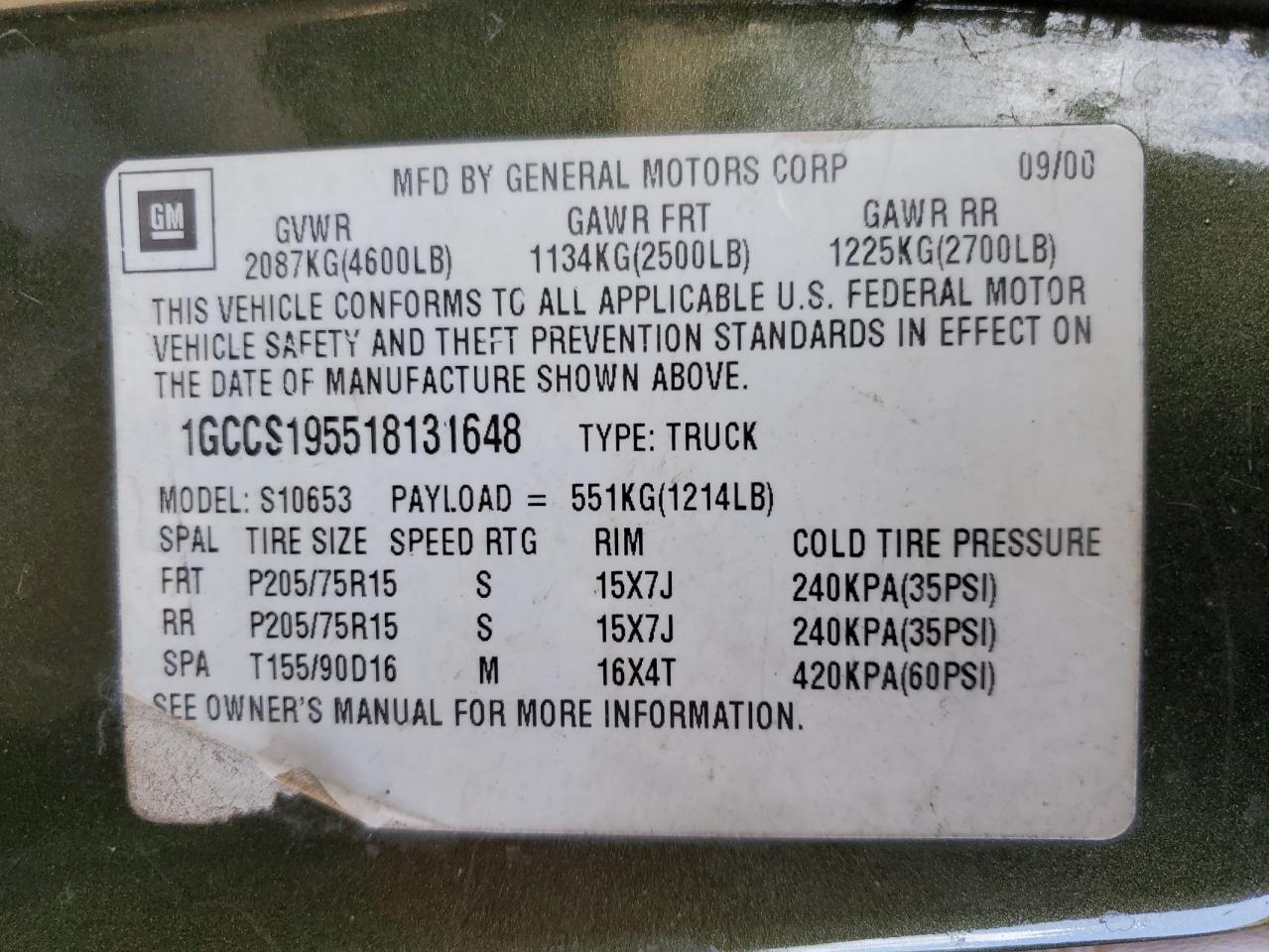 Lot #3270443873 2001 CHEVROLET S TRUCK S1