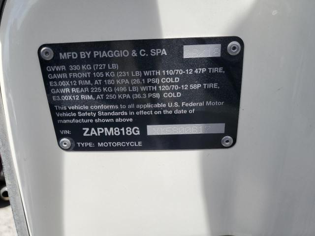 2019 VESPA SCOOTER ZAPM818GXK5800617