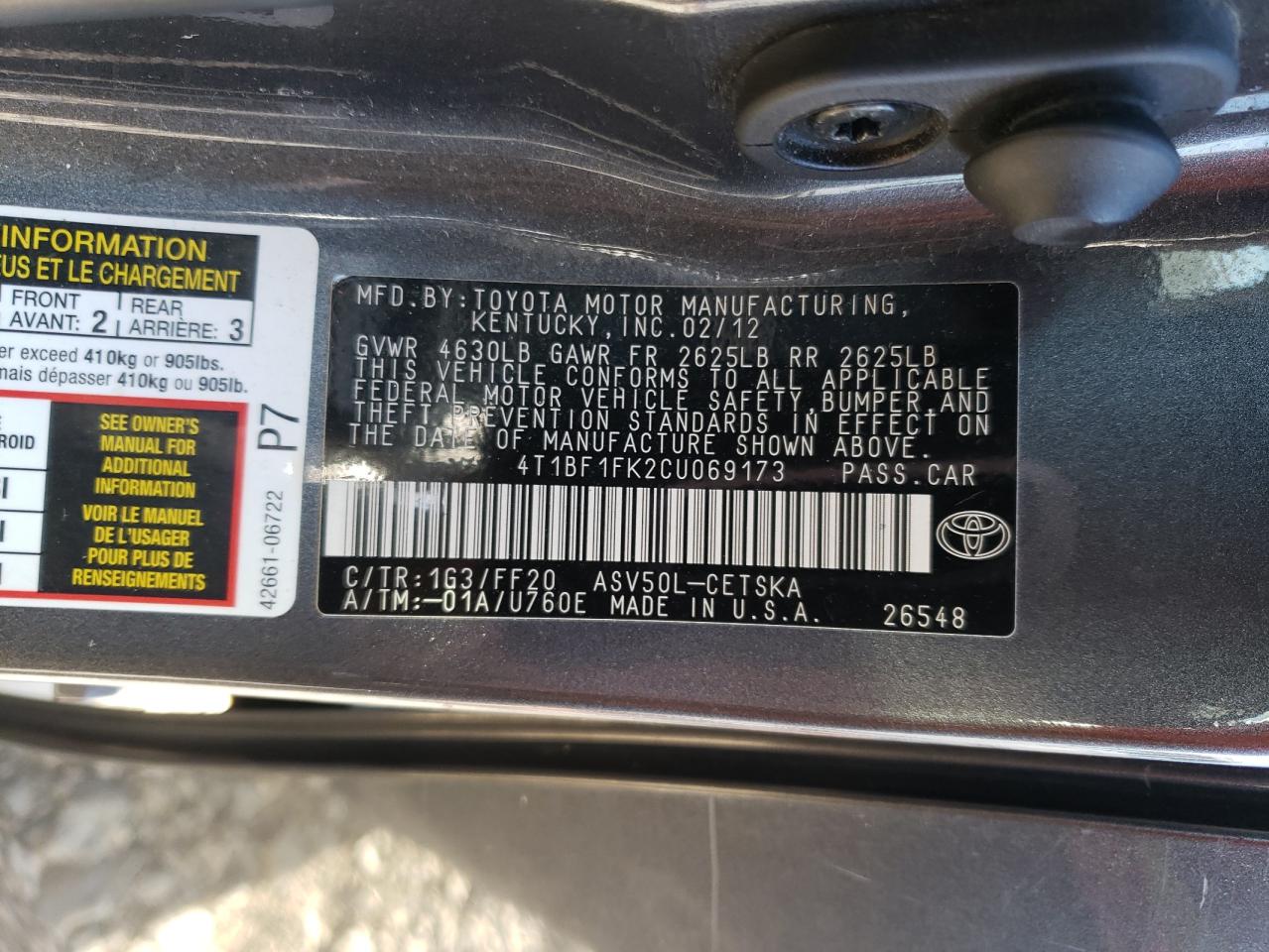 Lot #3034626811 2012 TOYOTA CAMRY BASE