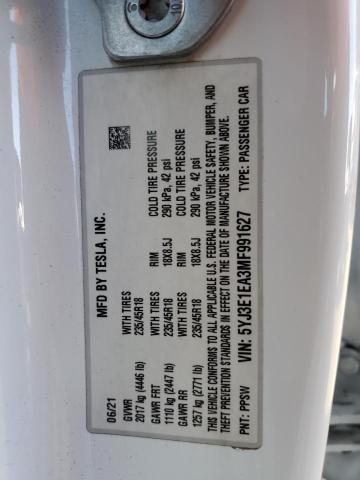 2021 TESLA MODEL 3 - 5YJ3E1EA3MF991627