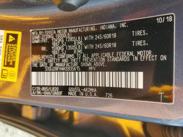 2019 TOYOTA HIGHLANDER - 5TDJZRFH4KS935615