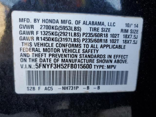 VIN 5FNYF3H52FB015600 2015 Honda Pilot, Exl no.13