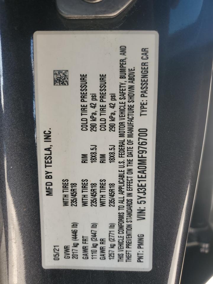 Lot #2953005661 2021 TESLA MODEL 3