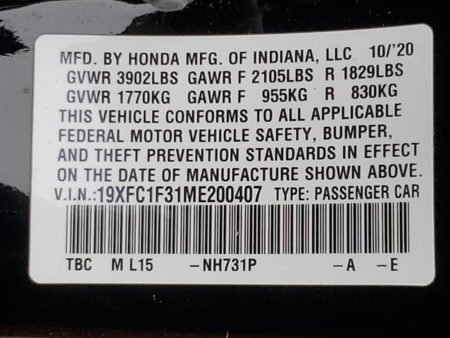 VIN 19XFC1F31ME200407 2021 Honda Civic, EX no.12