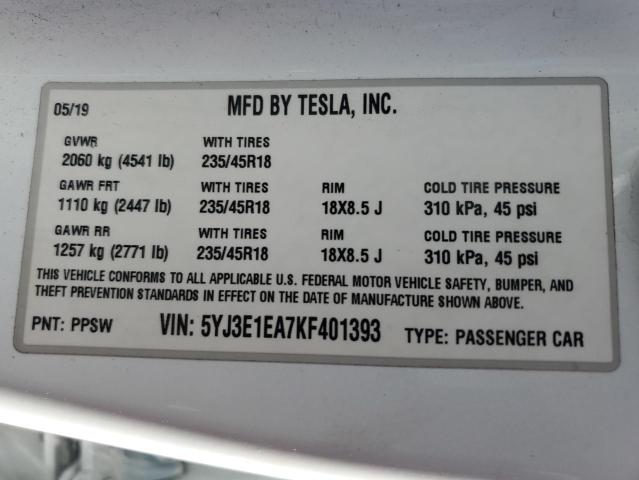 VIN 5YJ3E1EA7KF401393 2019 TESLA MODEL 3 no.12