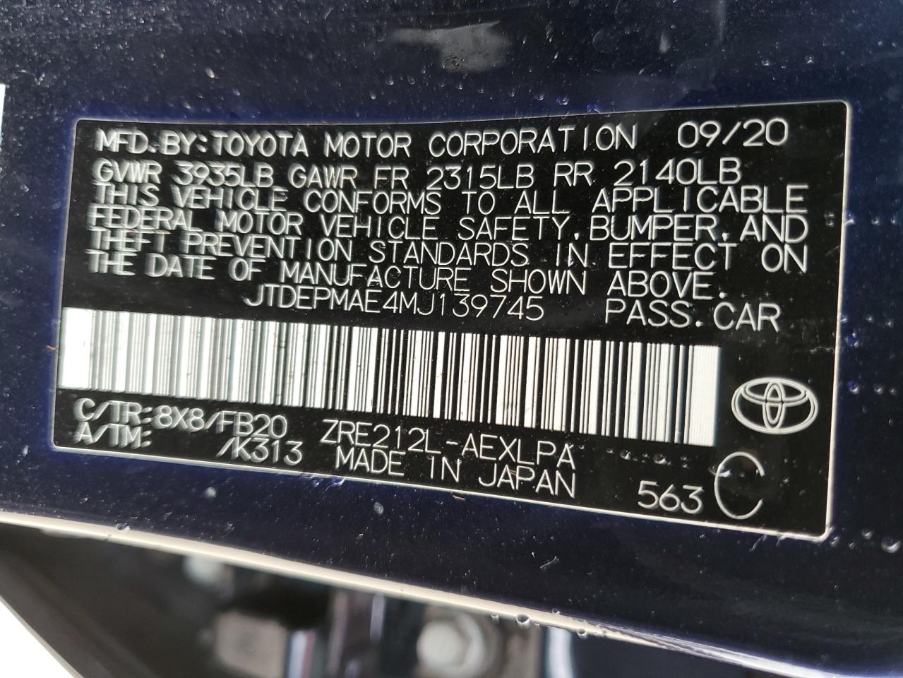 Lot #2925392406 2021 TOYOTA COROLLA LE