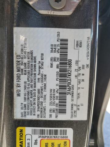 VIN 3FA6P0CD7KR216800 2019 Ford Fusion, Sel no.12