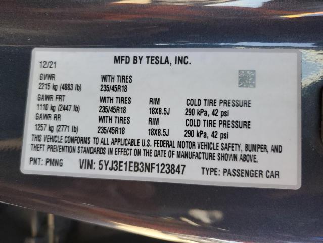 VIN 5YJ3E1EB3NF123847 2022 Tesla MODEL 3 no.13