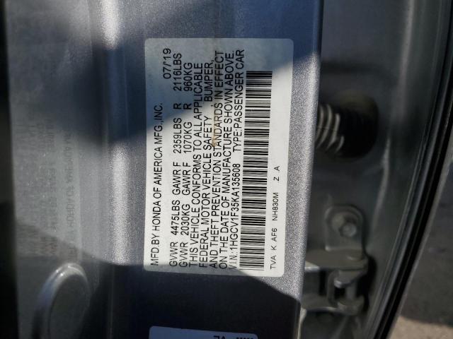 VIN 1HGCV1F35KA135608 2019 HONDA ACCORD no.12