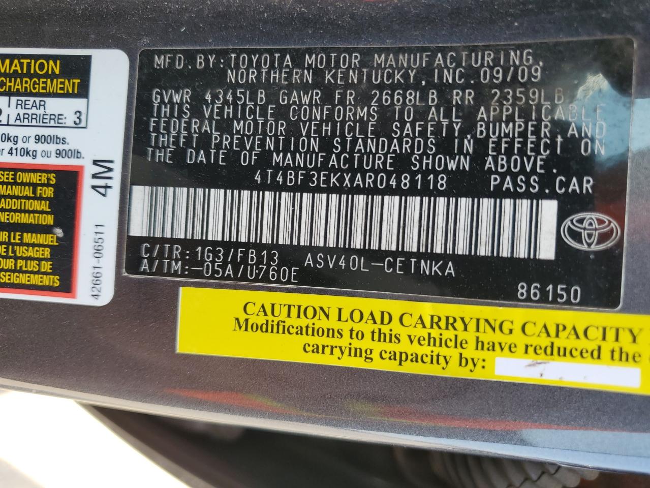 Lot #3044656227 2010 TOYOTA CAMRY BASE