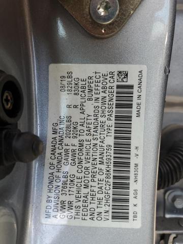 VIN 2HGFC2F86KH593759 2019 HONDA CIVIC no.13