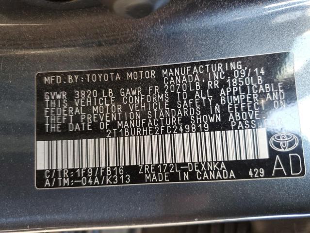 VIN 2T1BURHE2FC249819 2015 Toyota Corolla, L no.12