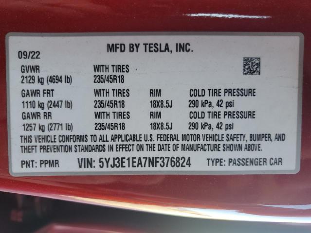 VIN 5YJ3E1EA7NF376824 2022 TESLA MODEL 3 no.12