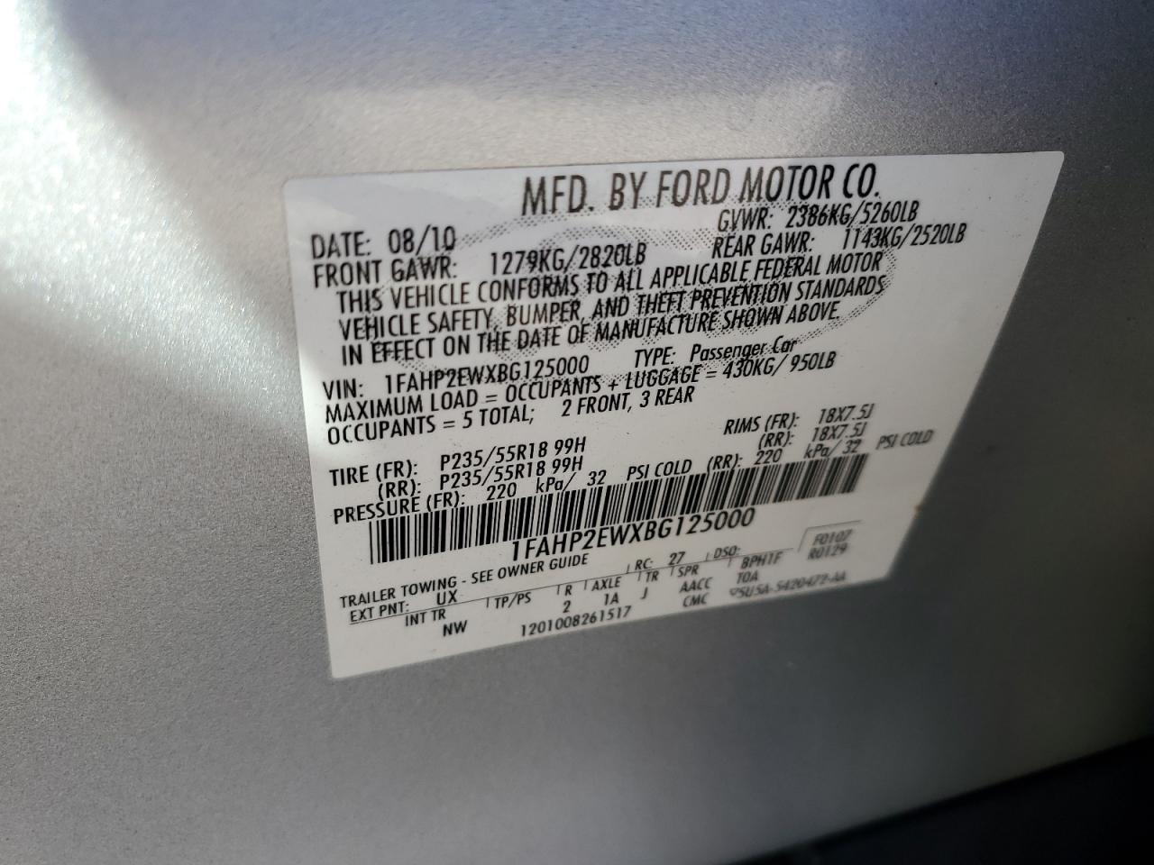 Lot #2928436792 2011 FORD TAURUS SEL