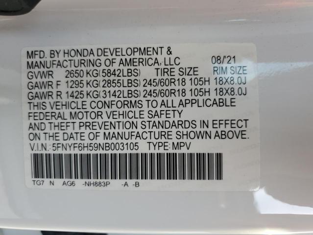 VIN 5FNYF6H59NB003105 2022 Honda Pilot, Exl no.14