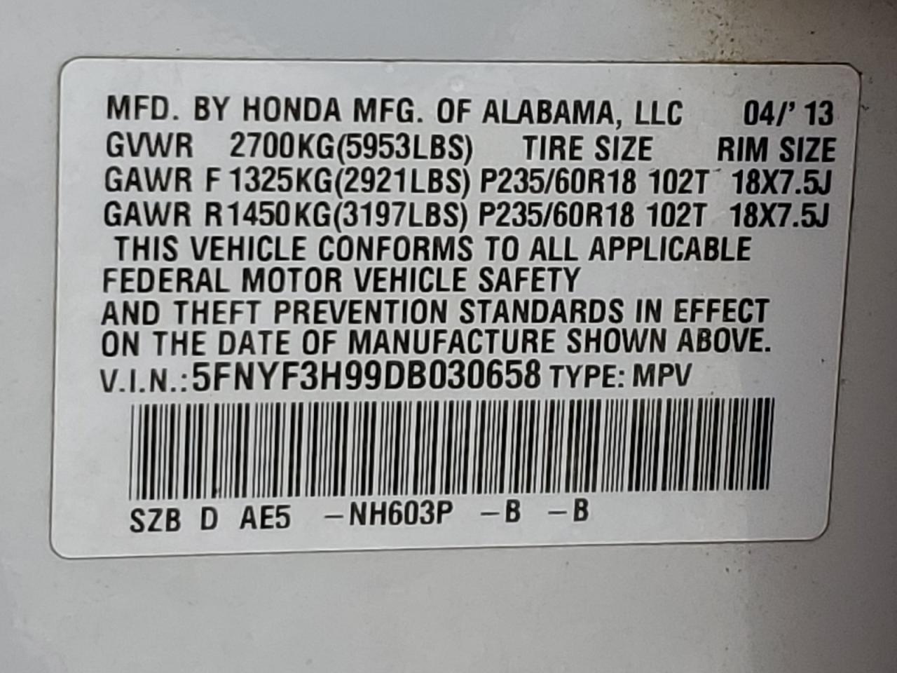 Lot #3029937826 2013 HONDA PILOT TOUR