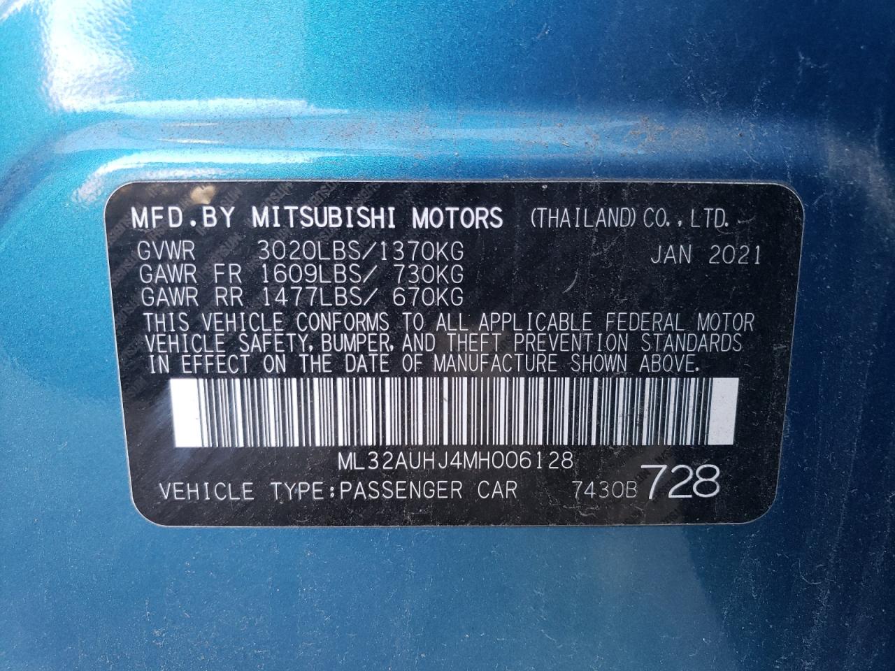 Lot #2962568736 2021 MITSUBISHI MIRAGE ES