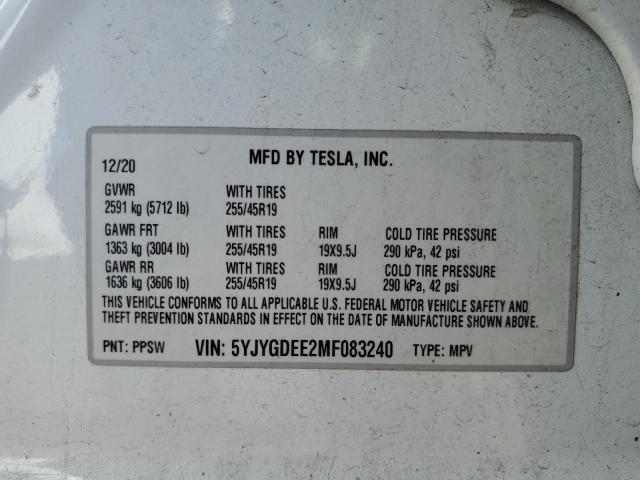 2021 TESLA MODEL Y - 5YJYGDEE2MF083240