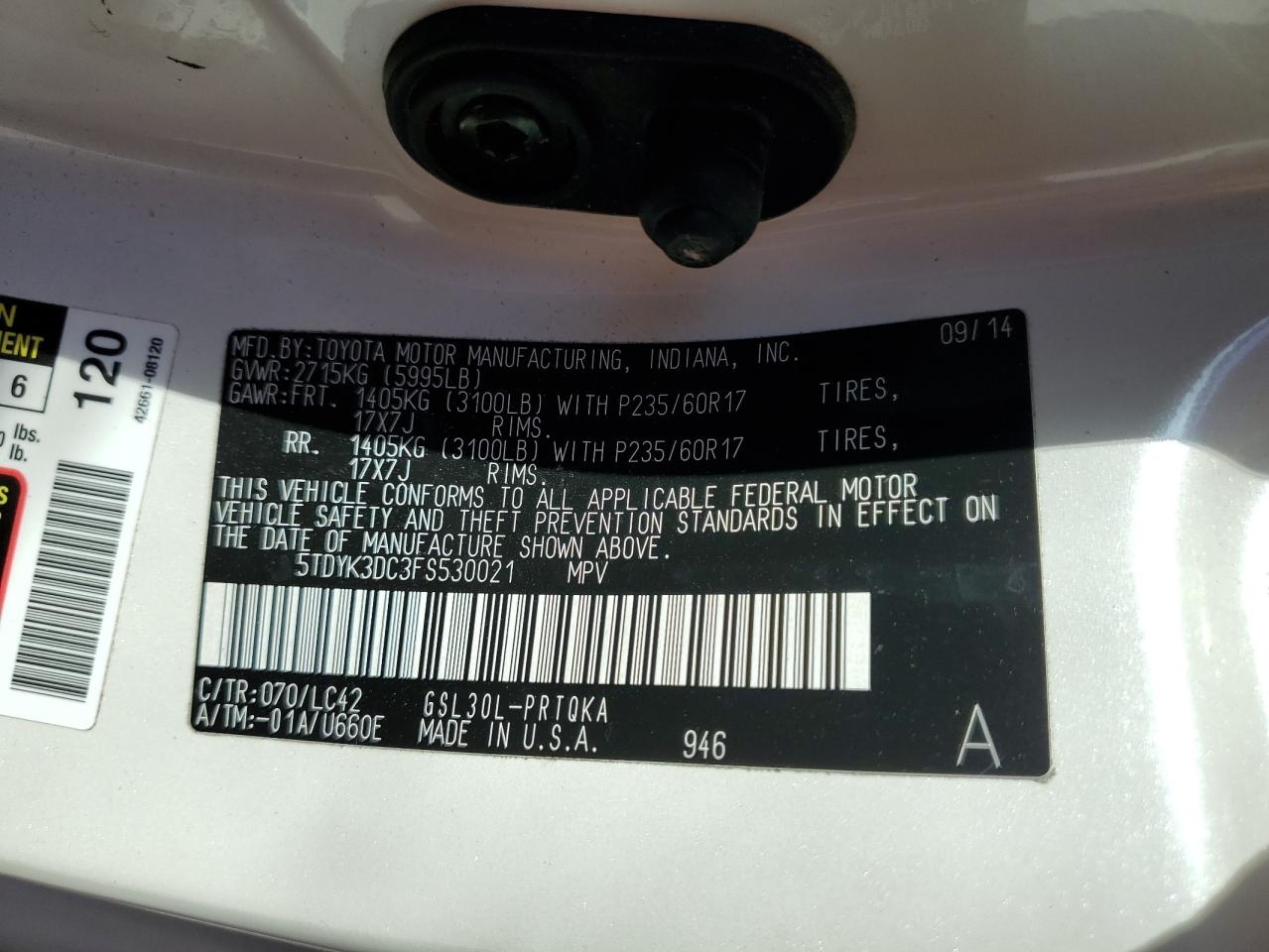 Lot #2938164920 2015 TOYOTA SIENNA XLE