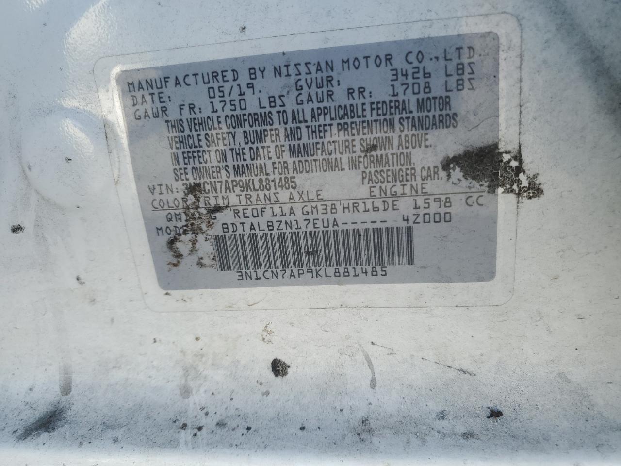 Lot #2976524569 2019 NISSAN VERSA S