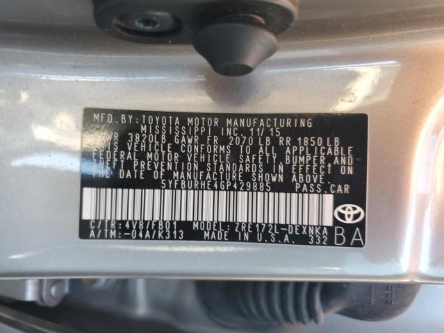 5YFBURHE4GP429885 2016 TOYOTA COROLLA