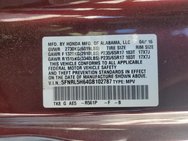 VIN 5FNRL5H64GB102787 2016 Honda Odyssey, Exl no.14