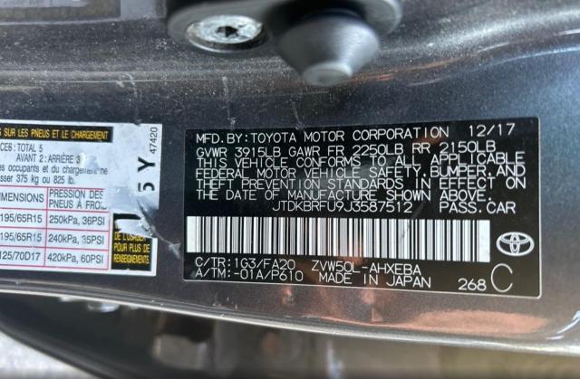 VIN JTDKBRFU9J3587512 2018 Toyota Prius no.10