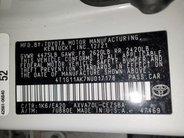 VIN 4T1G11AK7NU017178 2022 Toyota Camry, SE no.12