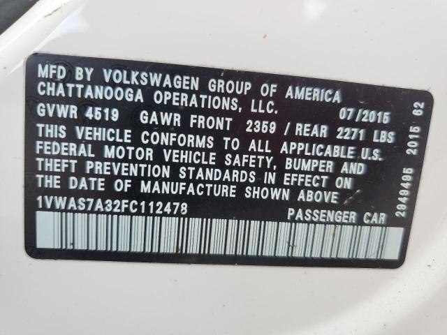 VIN 1VWAS7A32FC112478 2015 VOLKSWAGEN PASSAT no.12