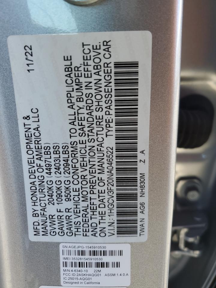 Lot #2974836270 2022 HONDA ACCORD HYB