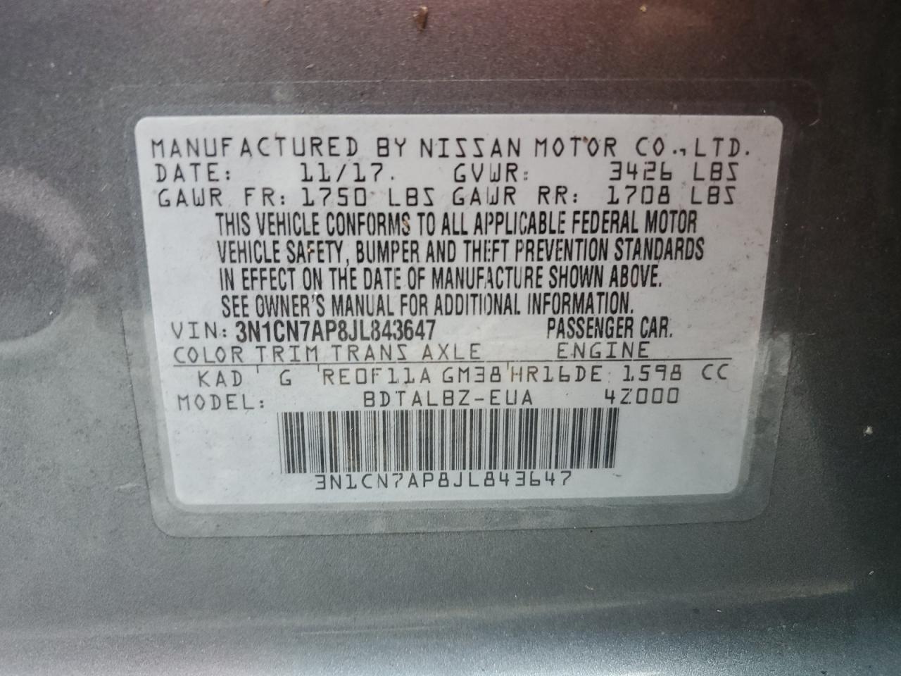 Lot #3021086306 2018 NISSAN VERSA S