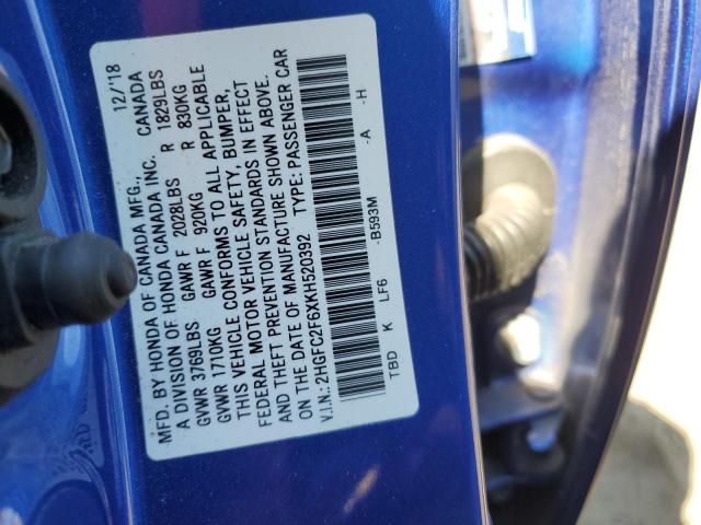 2HGFC2F6XKH520392 2019 HONDA CIVIC